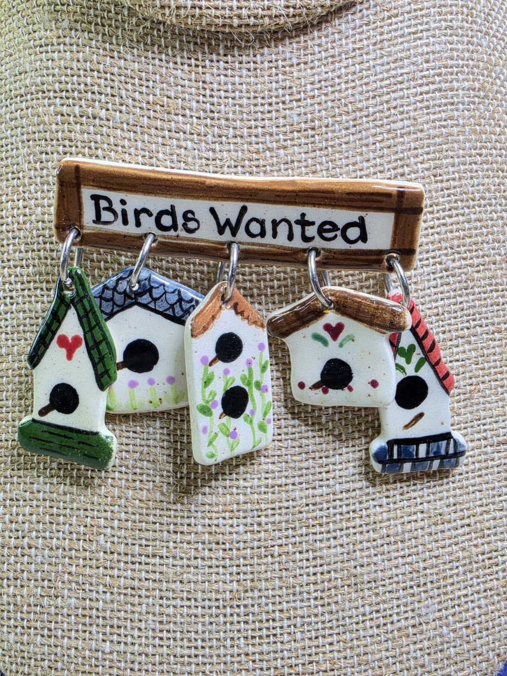 Birds Wanted Decorative Ceramic Birdhouse Brooch Pin Multicolor